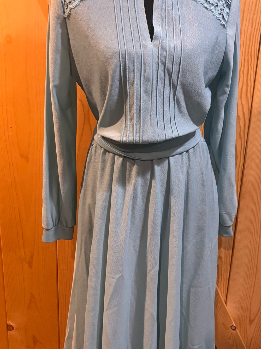 Vintage 70’S Elegant sheer Light Blue Long-Sleeve Midi Dress